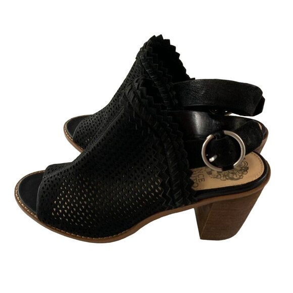 Vince Camuto Womens Size 7 Black Peep Toe Sandals Shoes 3 in Block Heel Lazer Cu - Picture 2 of 6